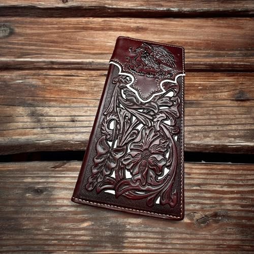 Urbalabs Mens Coat Of Arms Of Mexico Western Leather Long Wallet Floral Cutout Golden Eagle Snake Layered Checkbook Style Mens Wallets Leather Bull Rider Rodeo Gifts For Men (Coffee & White)2