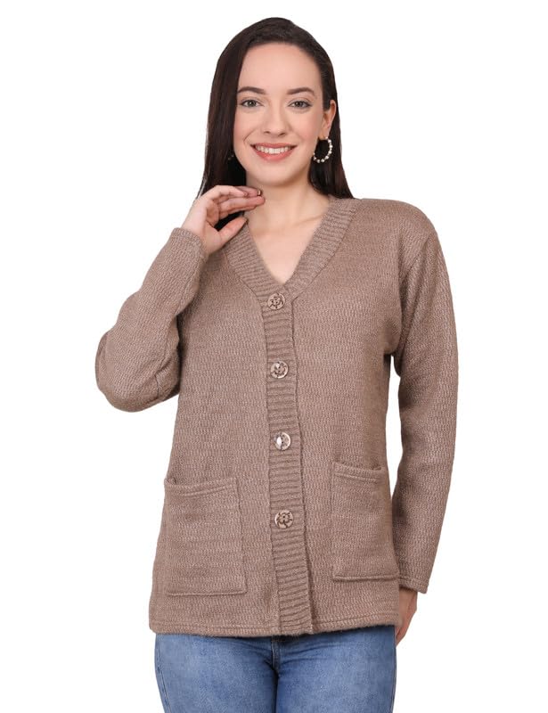 Image of MANRA Women's Woolen V-Neck Buttoned Full Sleeve Cardigan Self Design Soft Wool Fabric Winter Wear Pure Wool Sweater Fully Warm, Front Pockets Cardigan