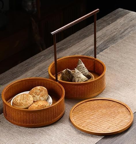 手作り竹編 天然木・竹製蓋 籐のかご蓋付き お洒落でコンパクトなお弁当箱 ランチボックス ピクニック/寿司/お菓子/果物収納用 家族パン収納 (24*29cm,A)