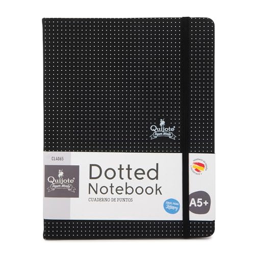 Quijote Paper World Libreta de Puntos A5 - Cuaderno punteado, Tapa Dura Extrasuave, 80 Hojas, 100gr/m, Cierre Elástico, para Planificación, Estudio, Lettering, o Diario - Negro