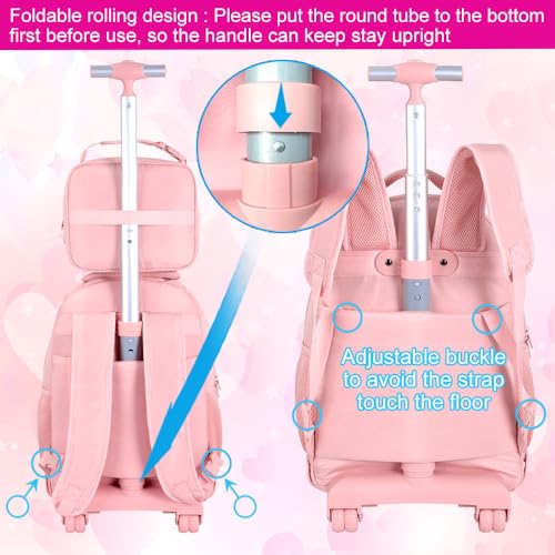 3Pcs Rolling Backpack for Girls Women, 19 Inche School Roller Backpacks with Wheels, Adults Wheeled Bookbag with Lunch Box(Pink)4