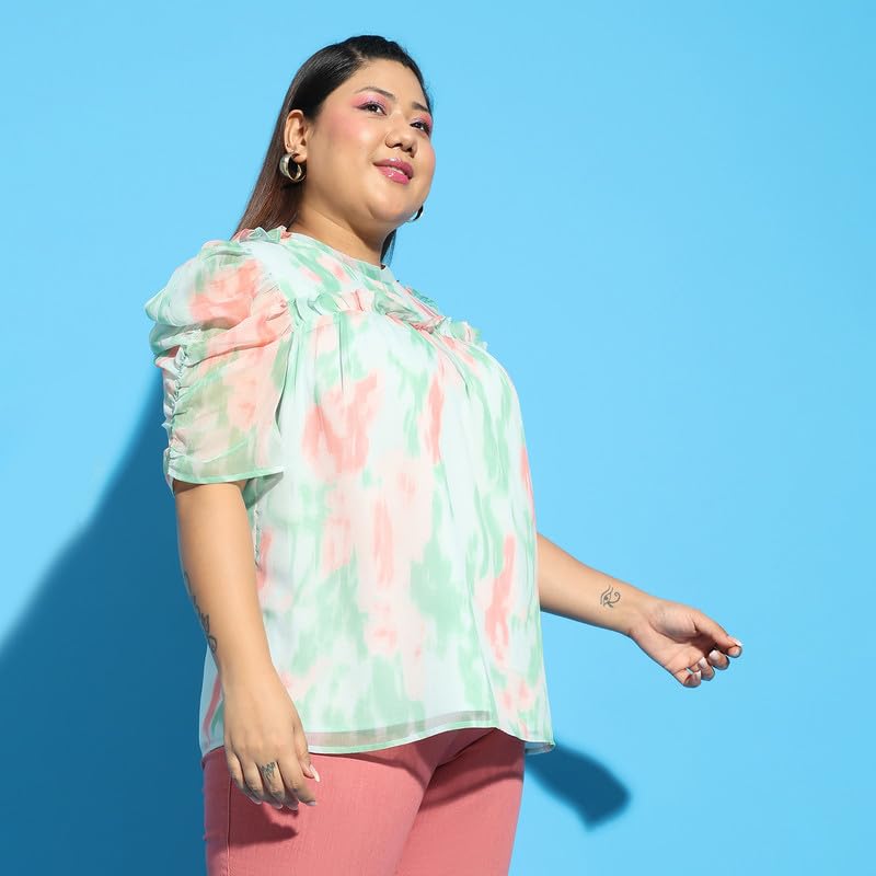 Image of oxolloxo Women Plus Size Round Neck Short Sleeve with Gather Pleates Ruffle Detail Top