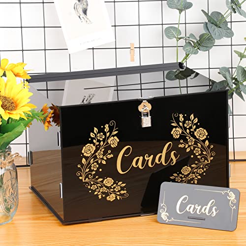 Image of Black Acrylic Wedding Card Box Card Boxes with Lock and Card Sign, Gift Card Box Money Box Holder for Wedding Reception Anniversary Birthday Party Baby Shower Graduation (12.2 x 9.3 x 8.3 Inch)