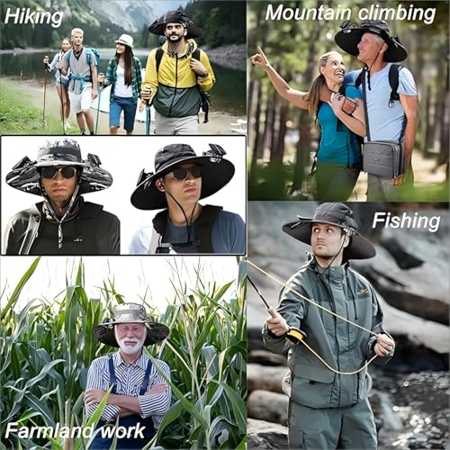 Image of Solar Fan Hat, Wide Brim Sun Hat with 2 Solar Fan,for Outdoor Hiking Gardening, USB Solar Charging(Grey)