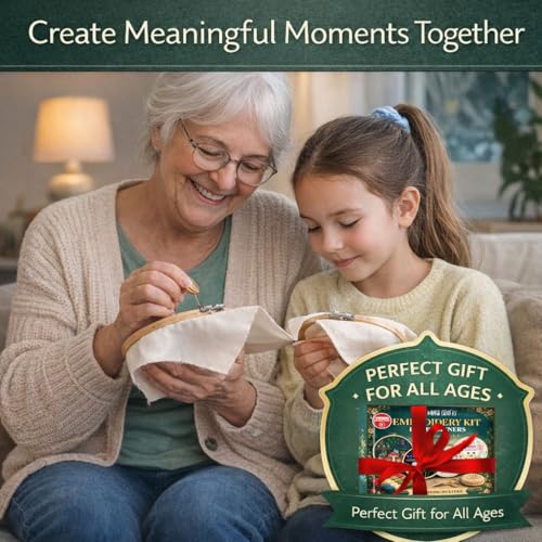 Image of Moni Crafts - Embroidery Kit for Beginners Adults - Learn Embroidery Stitches, Complete Starter Kit with 4 Pre-Printed Patterns (Mushroom & Floral), Threads, Needles & Hoop - Video Tutorials
