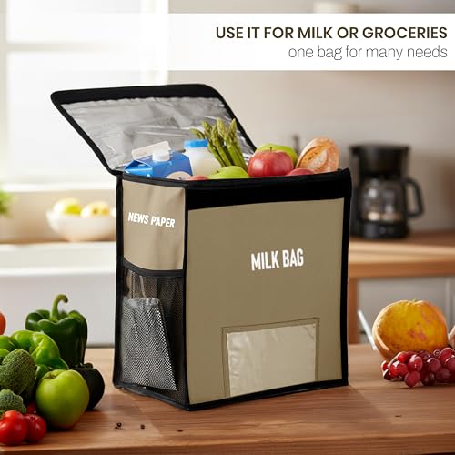 Image of Storite Milk Bag for Door Hanging - Insulated and Waterproof Storage for Milk Sachets, Bottles, Outdoor Gate Delivery Basket Box with Pocket for Notes and News Paper (Beige, Small (23x11x23cm)