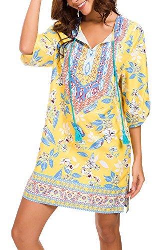 Image of Women Bohemian Neck Tie Vintage Printed Ethnic Style Summer Shift Dress