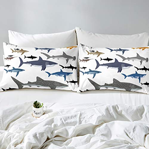 Ocean Bed Sheets Shark Bed Sheet Set for Kids Boys Underwater Word Bedding Set Sea Marine Theme Cartoon Sealife Style Fitted Sheet Decor Bedroom Collection 3Pcs Double Size - Image 3