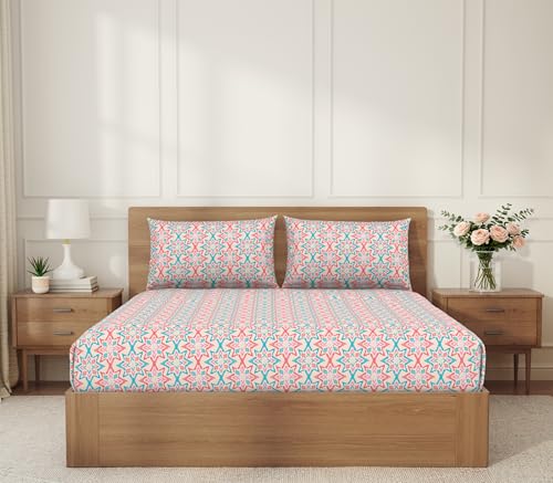 Image of Welspun ENZO King Size Fitted Bedsheet with 2 Pillow Covers | 360 Elastic | 100% Pure Cotton | 72 x 79 Inches | Soft, Breathable, Lightweight & Easy Care | Creole Pink