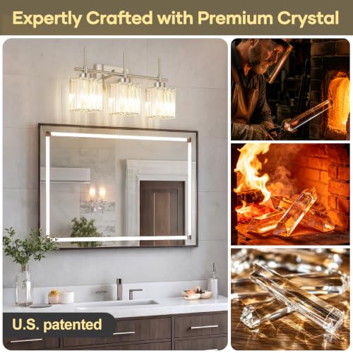 Image of Torondo Modern Crystal Bathroom Vanity Light 3-Light Brushed Nickel Bathroom Light Fixtures Over Mirror Vanity Lighting Fixtures Square Shade Wall Sconce (Bulbs Not Include)