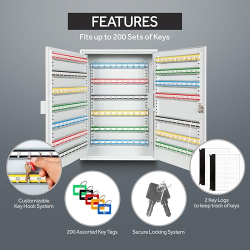 200 Position Steel Key Cabinet - Organize and Secure Key Storage Lock Box with Numbered Hooks and Tags for Valets, Hotel, Office, Car Dealerships and More (K200) (Light Grey)