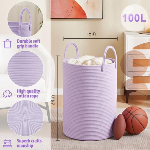 Image of Artfeel Laundry Basket,Woven Cotton Rope Laundry Hamper,100L for Decorative Storage of Dirty Clothes,Toys and Blankets in Bathroom,Baby Room and Living Room