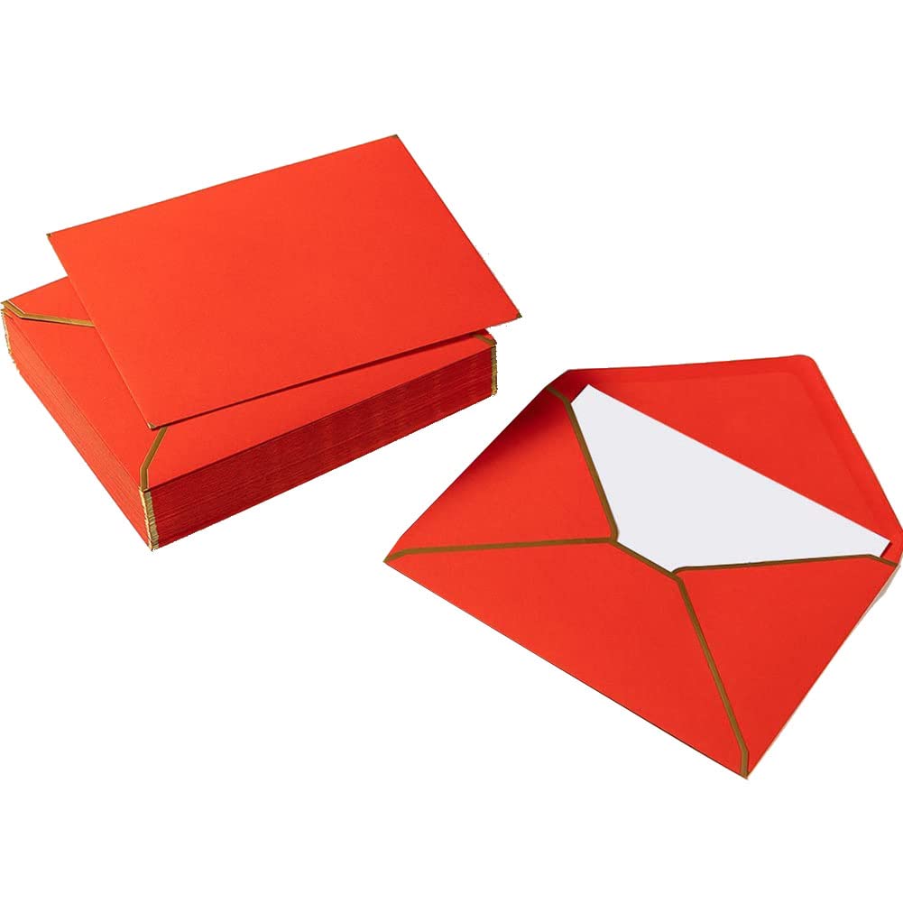 Lot de 100 Enveloppes A7 5 X 7 Enveloppes pour Cartes Enveloppes à Rabat en V avec Bordures DoréEs pour Cartes-Cadeaux, Invitations (Rouge)