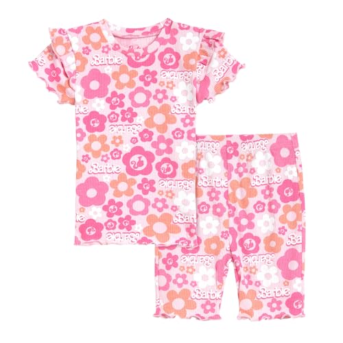 Image of Barbie Floral Girls Ribbed T-Shirt and Shorts Outfit Set Toddler to Big Kid Sizes (2T - 14-16)