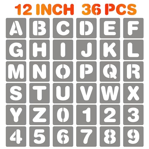BAMIDELE 12 Inch Letter and Number Stencils 36 Pcs Reusable Plastic Alphabet Spray Paint Stencils for Painting on Wood Wall Fabric Rock Chalkboard Door Porch Signage DIY Craft Decoration