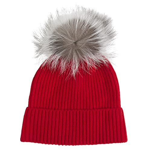 100% Real Cashmere Hat with Genuine Fox Fur Pom Pom – Ultra-Soft Knit Luxury Beanie for Women, One Size Cashmere2