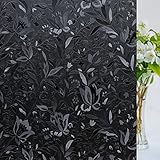 Mangobox Total Blackout Window Film Etched Tulip Flower Black Privacy Window Film 100% Light Blocking Window Covering Static Cling Window Tint for Home UV Sun Blocking Day Sleep (17.5x78.7 inches)