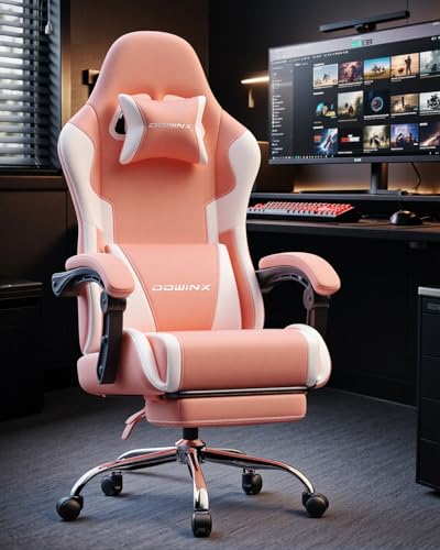 Image of Dowinx Ergonomic Pink Gaming Chair with Footrest & Massage Lumbar, 2D-Linkage Armrests for Cute Aesthetic Esports Chair for Girls, Office, Home and Long Gaming Sessions, Pink