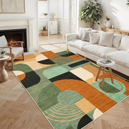 Tapete Boho Geométrico Verde Multi 5'x7' Lavable miniatura 1