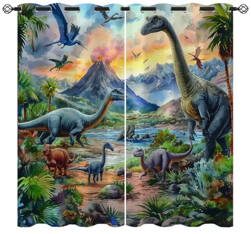 XINBADU Dinosaur Blackout Curtains for Girls Boy Home Decor, Jungle Dino Jurassic Forest Animals Grommet Thermal Insulated Drapes Darkening Window Curtain for Bedroom Living Room, 42 x 63 Inch