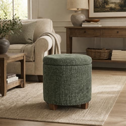 Image of HomePop 18.5 inch Round Storage Ottoman with Nailheads - Green Clover Fabric