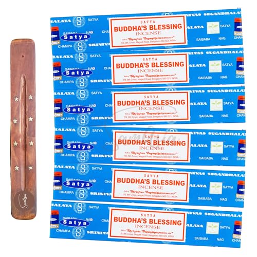 Image of Satya Nag Champa Buddhas Blessings Incense Sticks | x6 pack | with SAMASIA incense sticks holder | Used for Aromatherapy, Spa, Yoga, Weddings, Meditation, Healing, Positivity and Relaxation