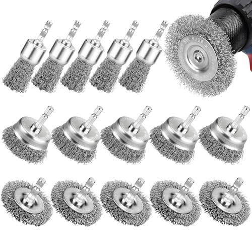 Image of 15 Pieces Wire Brushes for Drill, Stainless Steel Wire Wheel Brushes Kit with 1 /4-Inch Hex Shank, 3 Shapes