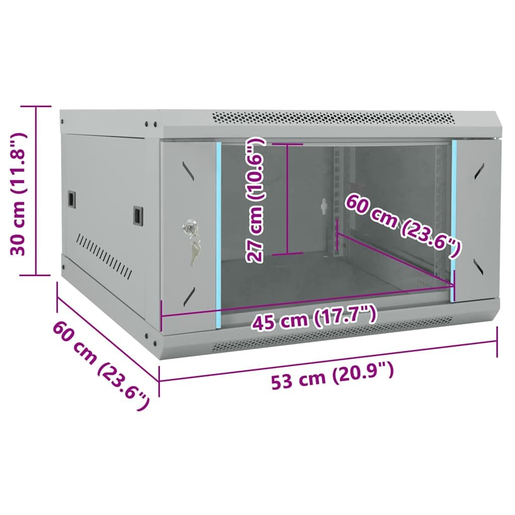 Armadio di rete da parete 53 x 60 x 30 cm, alloggiamento server in acciaio da 19 pollici con porta in vetro di sicurezza, grigio, armadietto dati per ufficio e infrastrutture IT