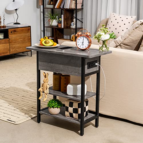 Image of Yoobure End Table with Charging Station, Flip Top Side Table with USB Ports and Outlets, Sofa Couch Table Bedside Table for Living Room Bedroom, Narrow Nightstand with Shelves for Small Space Gray