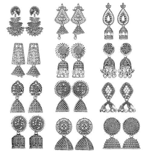 Fashion Frill Silver Oxidised Jhumki Earrings Pair of 12 - Image 2