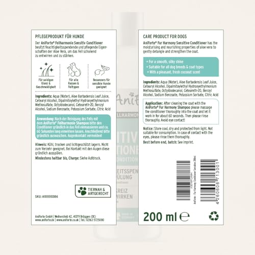 AniForte Fellharmonie Conditioner für Hunde 200ml - Sensitiv Spülung für Langhaar & Kurzhaar, Fellpflege & Schutz mit Aloe Vera, Anti Filz, ohne Parfum