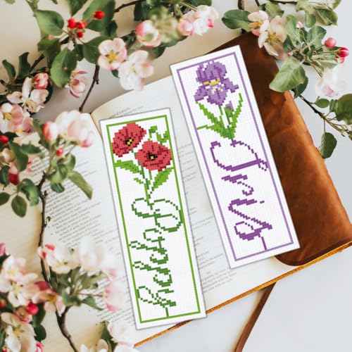 Image of BEUNITONE 6 PCS Cross Stitch Bookmark Kit for Adults Beginners,Text and Flowers Pre-Printed Cross Stitch,DIY Stamped Embroidery Bookmark Kits,with Instructions,Craft Kit for Book Lovers 8.5''x3''