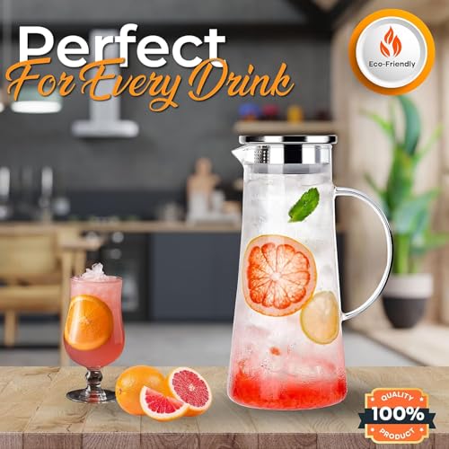 Image of Wringo Premium Glass Water Jug - 1.8 LTR, Transparent, Hot Cold Water Glass Pitcher with Steel Lid Water Jug, Iced Tea, Milk and Juice Beverage Carafe, Lemon Jug 1800ML (WQ-14)