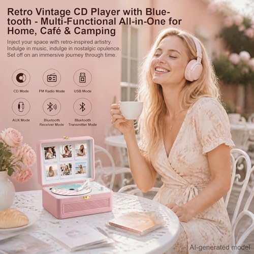Image of Gueray Retro CD Player Portable Bluetooth: Vintage CD Players for Home with Speakers CD-Player 3600mAh Rechargeable & Radio & Remote Control Support USB /AUX Playback Headphone Jack (Pink)