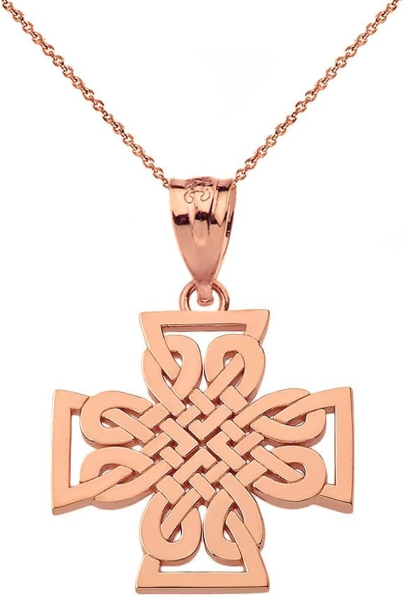 Woven Celtic Cross Pendant Necklace Fine With Rolo Chain Real Solid 14Kt Gold