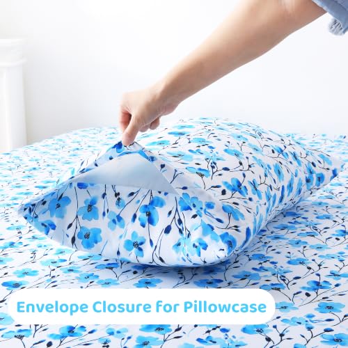 Image of Mooreeke Cozy Floral Blue Microfiber Printed Queen Sheet Set | Soft Breathable Gradient Blue Flower Sheets with Deep Pocket Non-Slip Fitted Floral Printed Queen Bedding for All Seasons