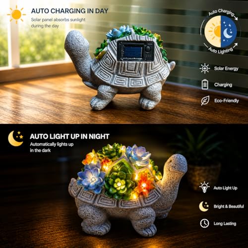 Image of XERGY Solar Powered Garden Decor Turtle Resin Statue with 6 Warm White LED Lights, Waterproof, Dusk to Dawn Sensor for for Lawn, Terrace & Balcony Decor (Grey)