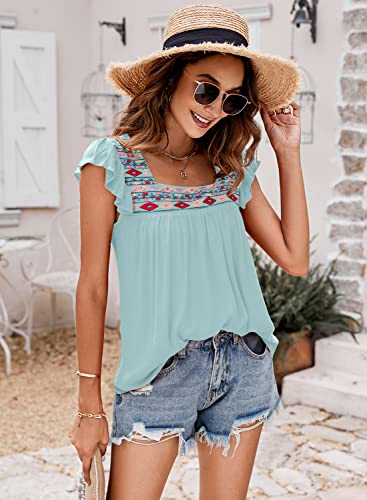 Dorose Tops For Women Casual Summer Ruffle Sleeve Embroidered Blouses Tops Light Green L #TOP3