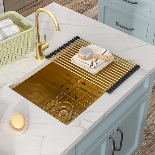 Image of 24 inchx18 inch Undermount Laundry Utility Sink - 16 Gauge 304 Stainless Steel Brushed Gold NANO-PVD 12 Inch Deep Single Bowl Under Counter Laundry Room Sink