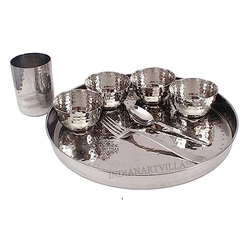 INDIAN ART VILLA Stainless Steel Dinner Set, Curved Hammered Finish Thali Set, Elegant Tableware, 8 Pieces
