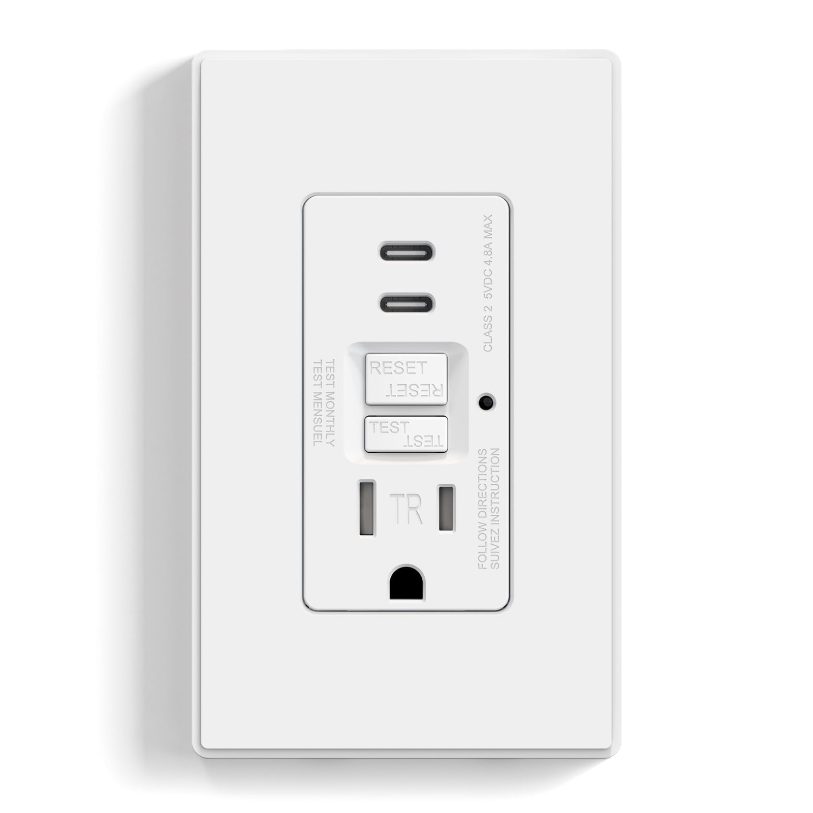 ELEGRP GFCI Outlet with USB Ports, 15 Amp Self-Test GFCI Combination with Dual USB C Ports, 24W Max Total Output, Tamper Resistant GFCI USB Outlet