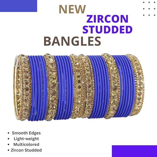 Image of NMII Non-Precious Metal Base Metal and Studded Zircon Gemstone and Matte Finish Worked Bangle set for Women /Girls