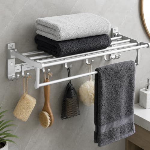 Image of Plantex Aluminium Foldable Towel Rack in Bathroom /Space Towel Holder /24 Inch Towel Hanger /Adjustable Hooks with Ample Space /Bathroom Accessories - Pack of 1 (Silver)