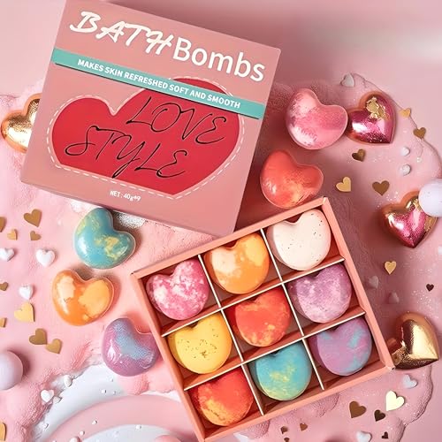 Pecbase 9Pcs/Set Bath Bomb Set Heart Shaped Bath Bombs with Essential Oil Bath Bomb Kit Natural Bath Bombs Exquisite Bubble Bath for Skin Moisturize - Pink
