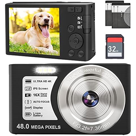 4K Digital Camera, 16x Digital Zoom Compact Camera, 48MP Vlogging Camera with Auto Focus, 2.8" Screen, 2 Batteries, 32GB SD Card Cover