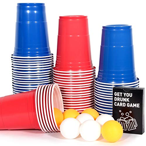 Upchase Beer Pong Cups Set, (With Game Cards) Party Cups, Drinking Cups, Red and Blue 110 Cups 16oz 10 Balls, Adult Birthday Games, Softdrinks Beer Cola Cocktails, Fun Drinking Games