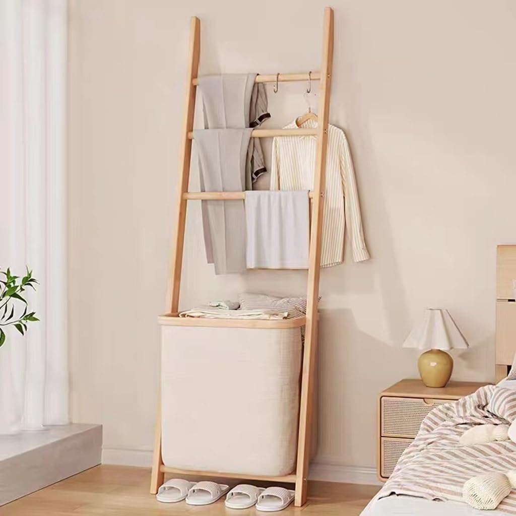 Wall Leaning Laundry Hamper Shelf Shelves Storage Stand Unit, Bamboo Coat Rack, Clothes Sorter with Shelf, Storage Organizer Box Hamper Basket (Style 1)