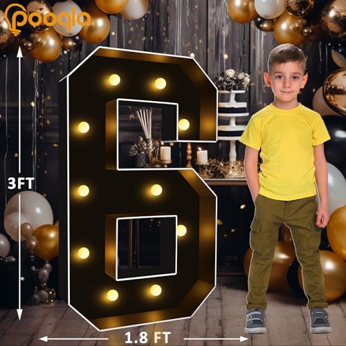 Image of Pooqla 3FT Marquee Light Up Numbers 6 for 6th 16th Birthday Decorations | Black LED Marquee Numbers Party Backdrop, 3 Feet Large Mosaic Numbers 6th 16th 60th Anniversary Birthday Gift for Boys Men