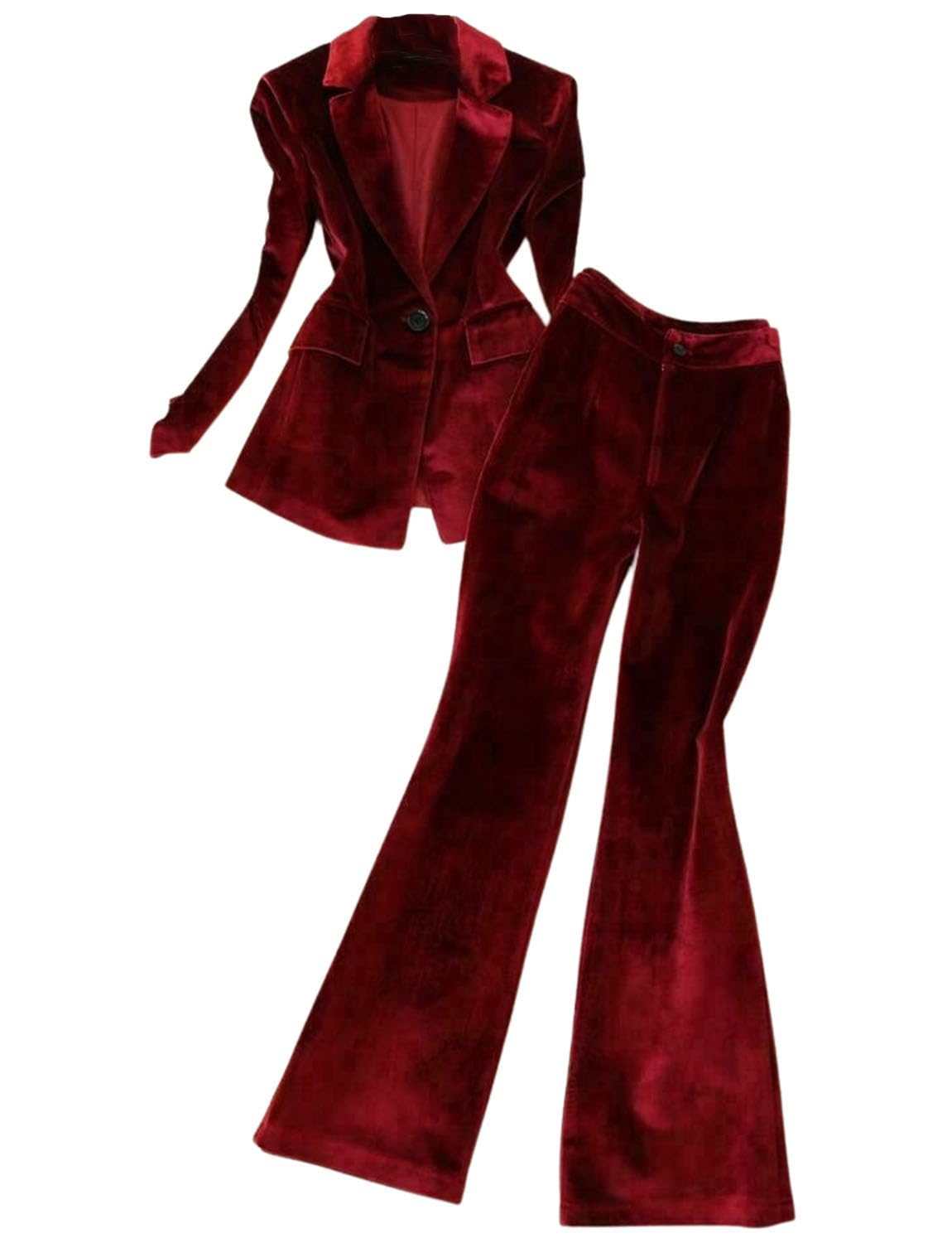 Womens Velvet Suit Two Pieces Set One Button Flannel Jacket and Pants for Daily Dinner
