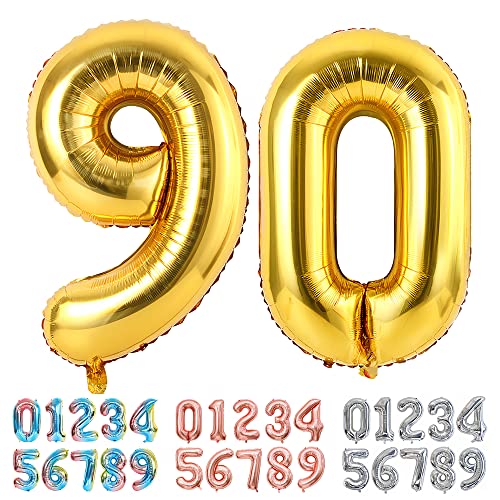 Ponmoo Foil Globo Número 90 Dorado, Gigante Numeros 0 1 2 3 4 5 6 7 8 9 10 19 20 29 30 40 50 60 70 80 90 100, Grande Globos Decoración para La Boda Aniversario y Cumpleaños Fiestas